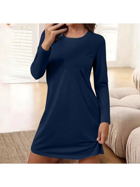 Womens Nightgown S-5XL Round Neck Sleepshirts Long Sleeve Sleepdress Night Gowns Solid Color Sleepshirts Women's Sleepdress