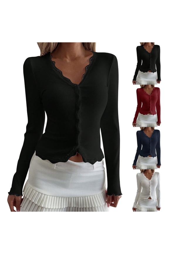 Womens Ribbed Knit Long Sleeve Cardigan Lace Trim V Neck Button Down Shirt Lightweight Business Casual Cardigan Sweaters Slim Fit Cropped Top White M