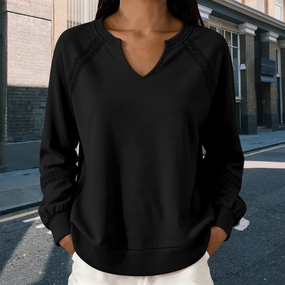 Lumistal Womens Sweatshirt Long Sleeve V Neck Lace Loose Fit Fall Pullover Tops Sweatshirts for Women Trendy Lightweight Tunic Top Spring Fall Outfits Black M