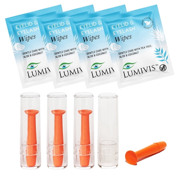 Lumivis Scleral Contact Lens Remover Core, Tea Tree Oil Eyelid Wipes - Contact Lens Inserter & Remover with 4 Removers, 4 Wipes 8 Piece