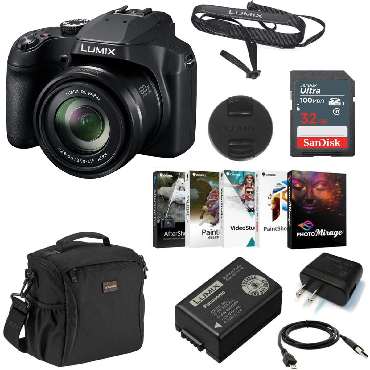 Panasonic Panasonic Lumix DC-FZ80 4K Digital Camera, 18.1 Megapixel, 60x Zoom 20-1200mm Lens Bundle with Bag, 32GB SD Card, Corel PC Photo Editing Software Kit