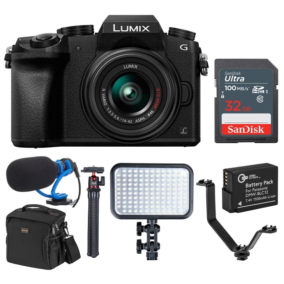 Panasonic LUMIX G7 4K Mirrorless Digital Camera Black with 14-42mm Lens, 16 Megapixel, Bundle with Marantz Microphone, LED Light, Joby GorillaPod 3K Kit, Battery, Bag, 32GB SD Card, 3 Shoe V-Bracket