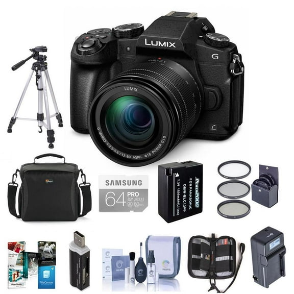 Panasonic Panasonic Lumix DMC-G85 Mirrorless Camera with 12-60mm F/3.5-5.6 Lumix G Vario Power OIS Lens, Black - Bundle with 64GB SDXC Card, Spare Battery, Tripod, Compact Charger, Software Pack and