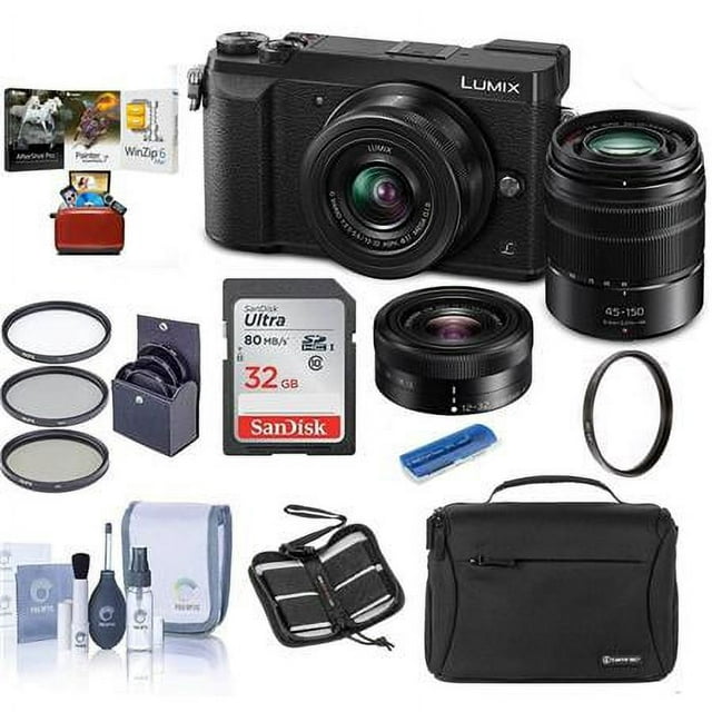 Lumix DMC-GX85 Mirrorless Camera Black with Lumix G Vario 12-32mm f/3.5-5.6 & 45-150mm F4.0-5.6 Lenses - Bundle With Camera Case, 32GB SDHC Card, 52mm Filter Kit, Mac Software, And More