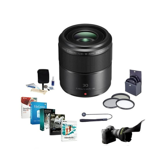 Panasonic LUMIX G Macro 30mm f/2.8 Aspherical Lens for Micro Four Thirds, Bundle with 46mm Filter Kit, Flex Lens Shade, Cleaning Kit, Lens Cap Tether, PC Software Kit