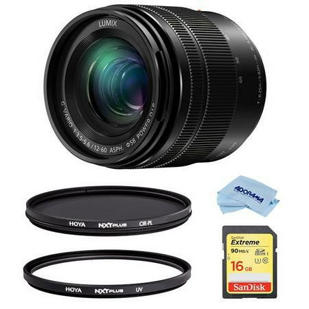 Lumix G Vario 12-60mm f/3.5-5.6 Aspherical Lens for Micro Four Thirds, Black, Bundle with Hoya 58mm UV+CPL Filter Kit, 32GB SDHC Card, Cleaning Cloth