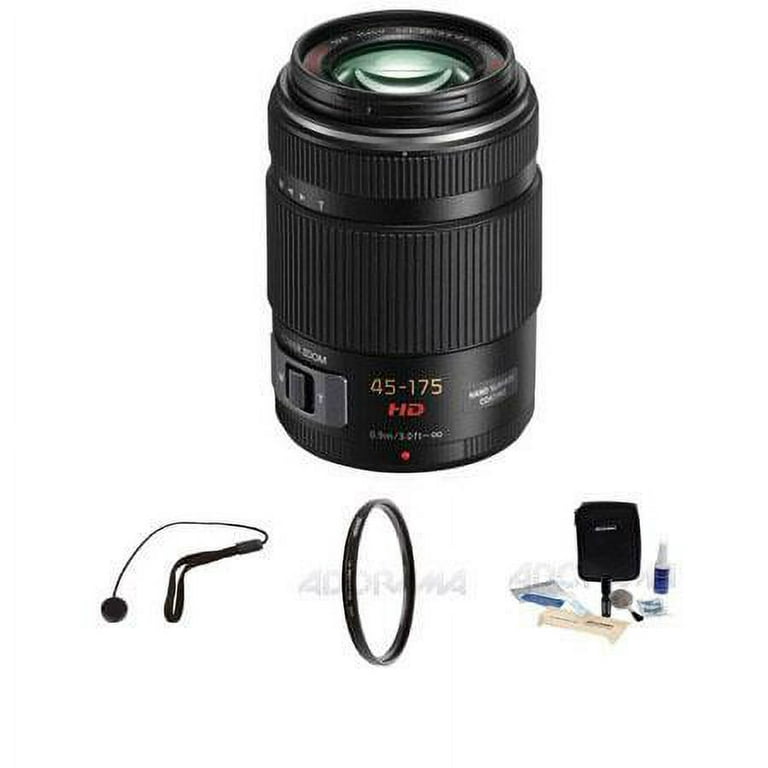 Lumix G X Vario PZ 45-175mm f/4.0-5.6 Aspherical Lens for Micro Four  Thirds, Black, Bundle with Tiffen 46mm UV Filter, Lens Cap Tether, Cleaning  Kit