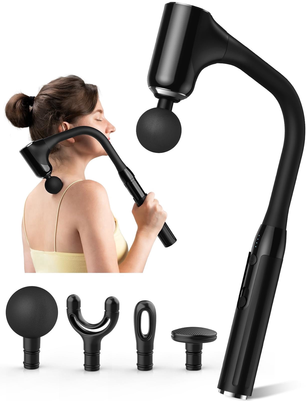 LumixPro Extended Handle Deep Tissue Massage Gun, 4 Heads, 4 Speeds Percussion Muscle Massager for Back Neck Shoulder Pain Relief, Home Gym Use