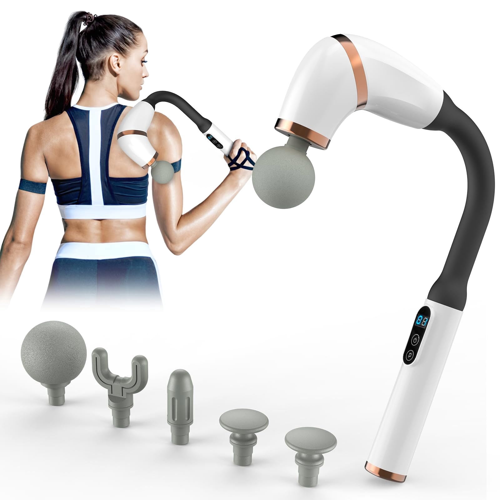 LumixPro Extended Handle Massage Gun, 6 Heads Deep Tissue Back Massager, 6 Speeds Percussion Muscle Massager for Pain Relief, Cordless for Home Gym