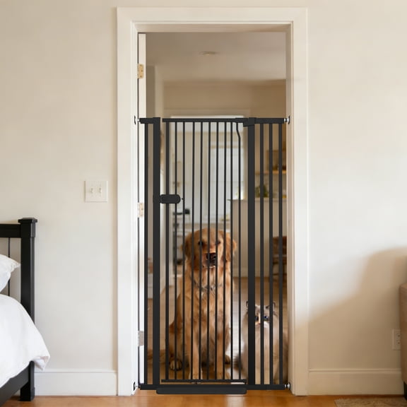 Lumizone Extra Tall Cat Gate 55.12" High Pressure Mounted Black 34.25"-38.38" Extra Wide 2025 New (10 Sizes) 1.37" Gap No Drilling Auto-Close One-Handed Operation Tall Pet Gate for Dogs