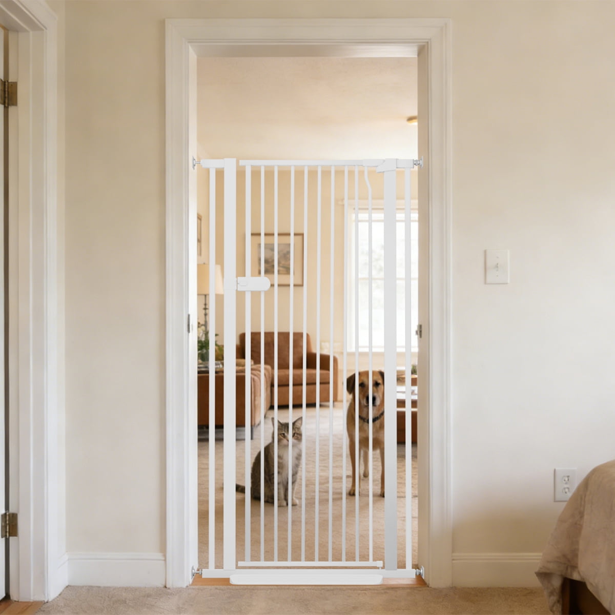 Lumizone Extra Tall Cat Gate 55.12" High Pressure Mounted White 29.92"-34.24" Extra Wide 2025 New (10 Sizes) 1.37" Gap No Drilling Auto-Close One-Handed Operation Tall Pet Gate for Dogs