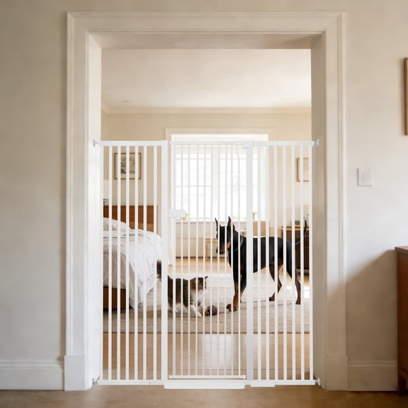 Lumizone Extra Tall Cat Gate 55.12" High Pressure Mounted White 29.92"-59.44" Extra Wide 2025 New (10 Sizes) 1.37" Gap No Drilling Auto-Close One-Handed Operation Tall Pet Gate for Dogs