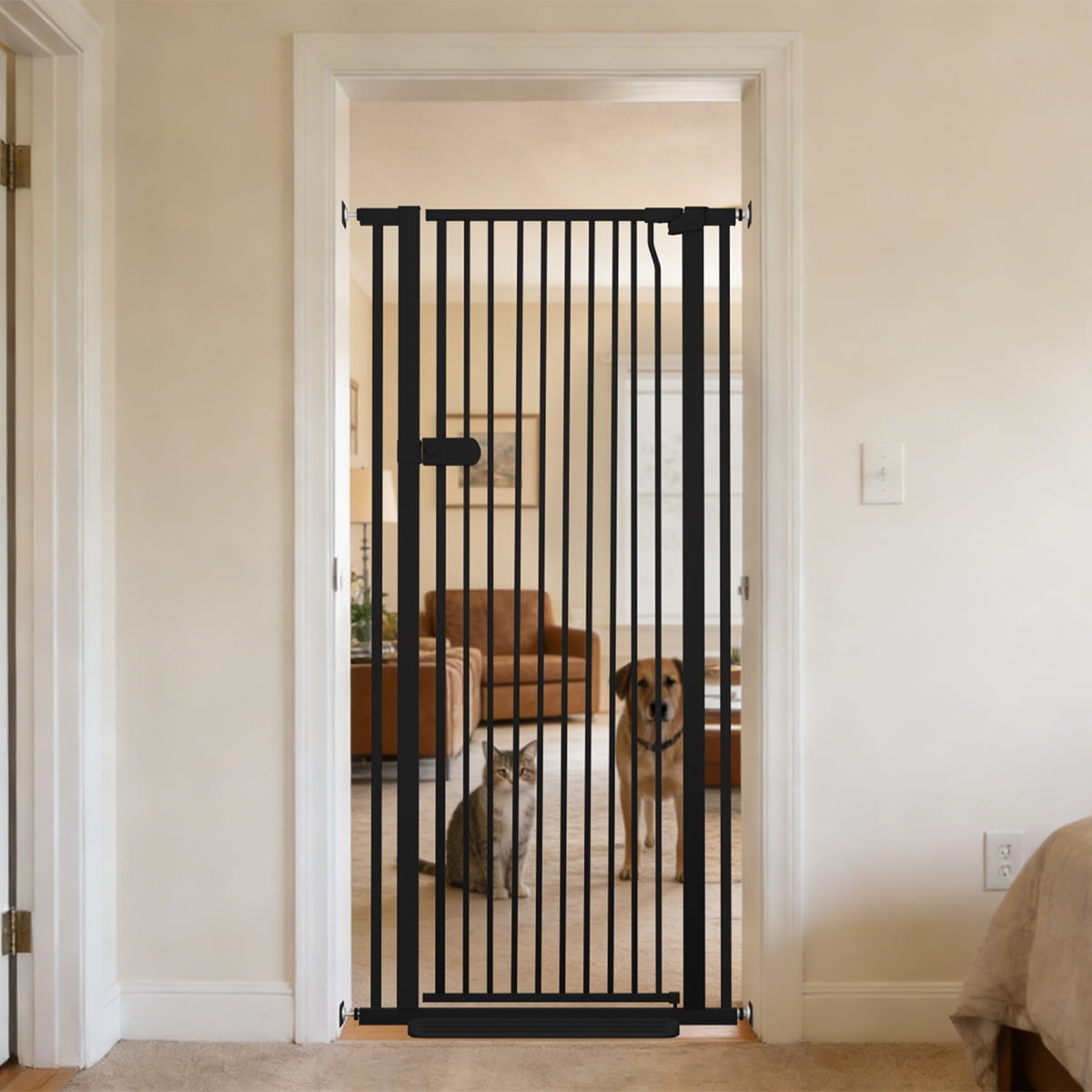 Lumizone Extra Tall Cat Gate 61.02" High Pressure Mounted Black 29.92"-34.24" Extra Wide 2025 New (10 Sizes) 1.37" Gap No Drilling Auto-Close One-Handed Operation Tall Pet Gate for Dogs