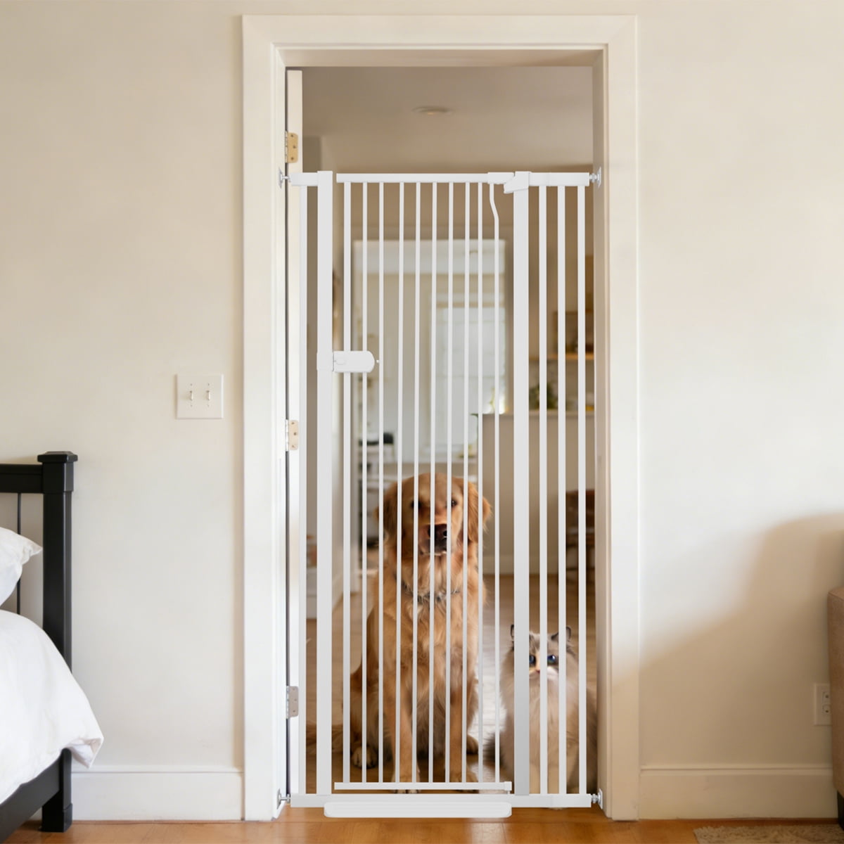 Lumizone Extra Tall Cat Gate 61.02" High Pressure Mounted White 34.25"-38.38" Extra Wide 2025 New (10 Sizes) 1.37" Gap No Drilling Auto-Close One-Handed Operation Tall Pet Gate for Dogs