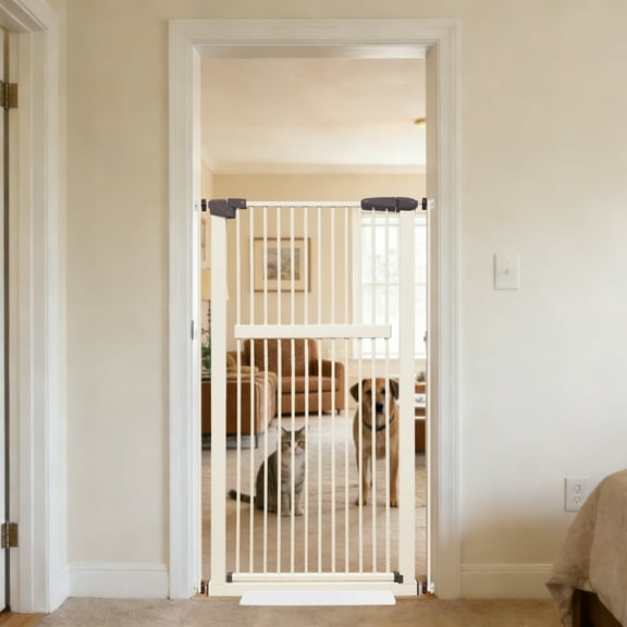 Lumizone Extra Tall Pet Gate 55.12" High Pressure Mounted 30.12"-34.05" Extra Wide 1.37" Gap for Cat Dog Children Stairs Doorway Hallway No Drilling Auto-Close (30.12"-34.05", Cream White)