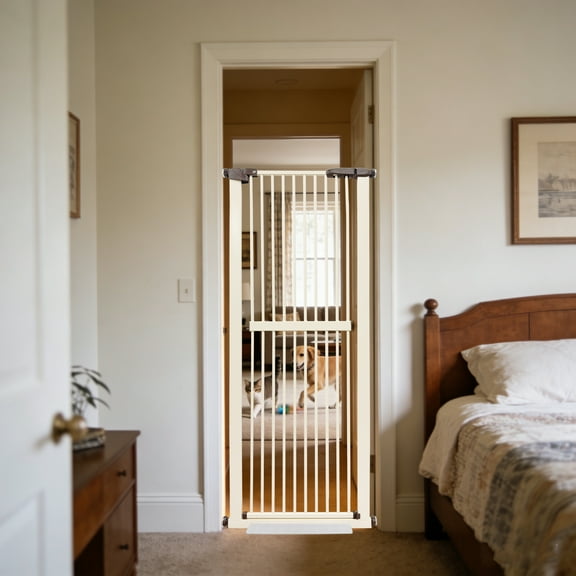 Lumizone Extra Tall Pet Gate 61.02" High Pressure Mounted 26.38"-30.11" Extra Wide 1.37" Gap for Cat Dog Children Stairs Doorway Hallway No Drilling Auto-Close (26.38"-30.11", Cream)