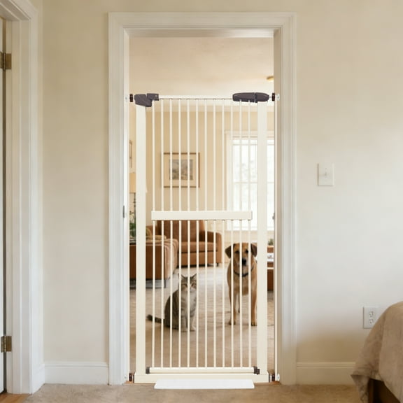 Lumizone Extra Tall Pet Gate 61.02" High Pressure Mounted 30.12"-34.05" Extra Wide 1.37" Gap for Cat Dog Children Stairs Doorway Hallway No Drilling Auto-Close (30.12"-34.05", Cream)