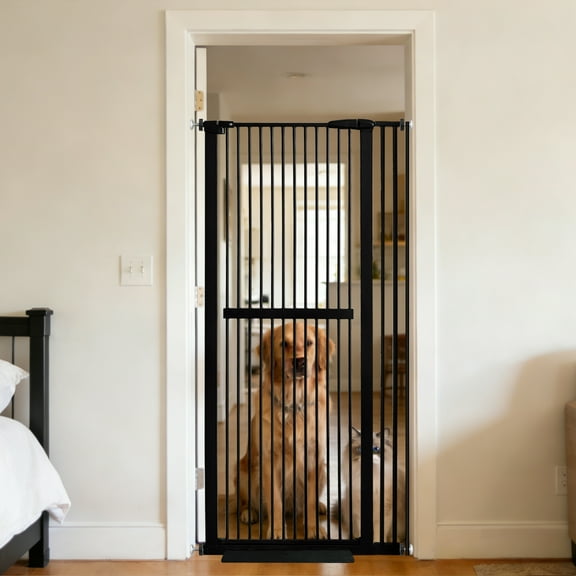 Lumizone Extra Tall Pet Gate 61.02" High Pressure Mounted 34.06"-38.38" Extra Wide 1.37" Gap for Cat Dog Children Stairs Doorway Hallway No Drilling Auto-Close (34.06"-38.38", Black)