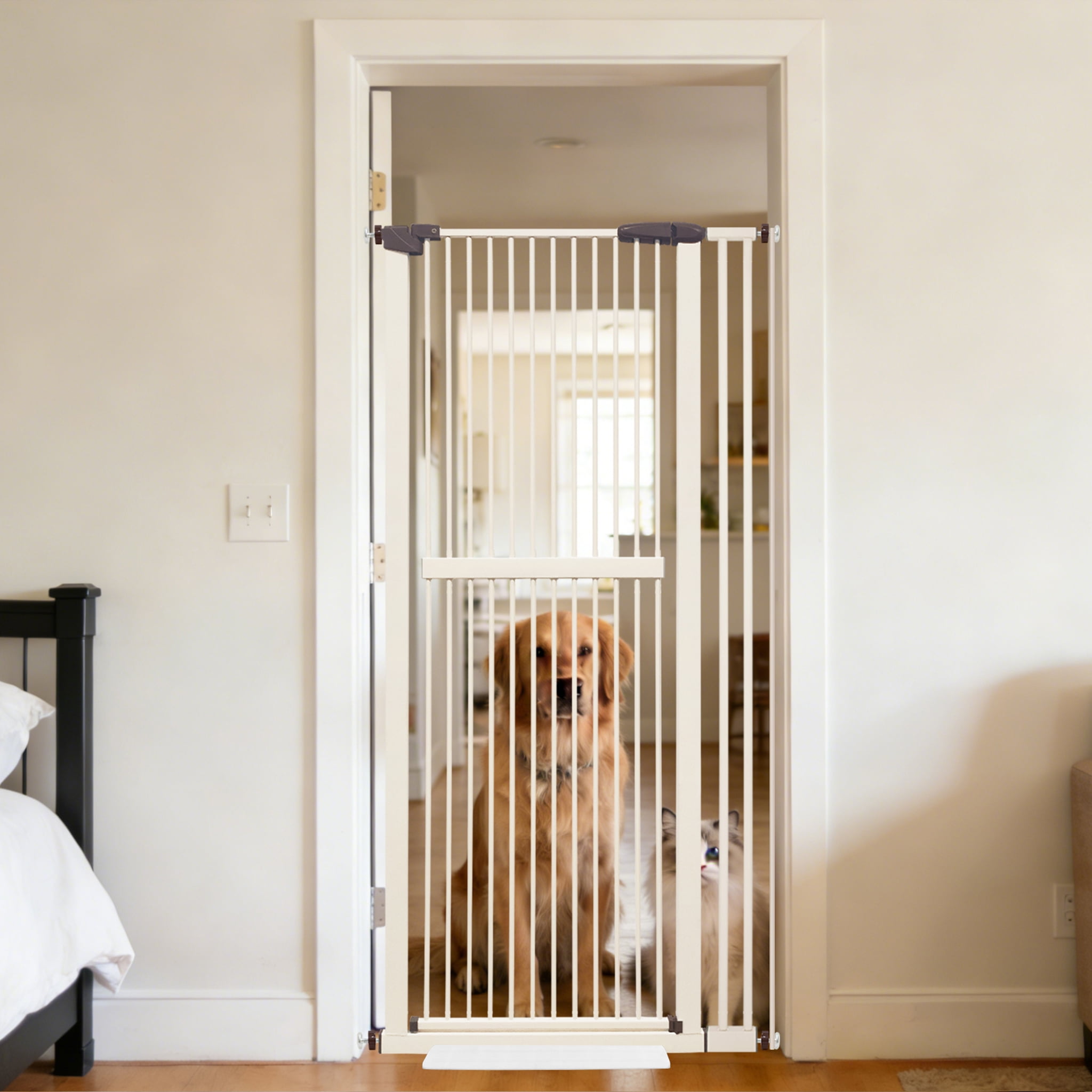 Lumizone Extra Tall Pet Gate 61.02" High Pressure Mounted 34.06"-38.38" Extra Wide 1.37" Gap for Cat Dog Children Stairs Doorway Hallway No Drilling Auto-Close (34.06"-38.38", Cream)