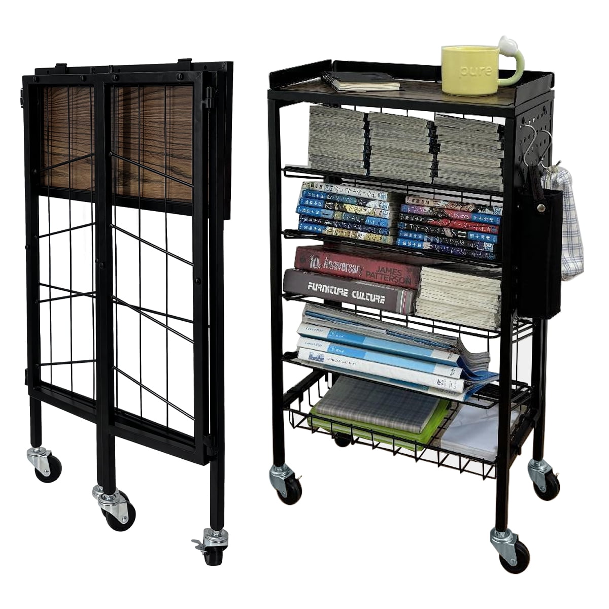Black Foldable 6-Tier Rolling Book Cart with Pegboard