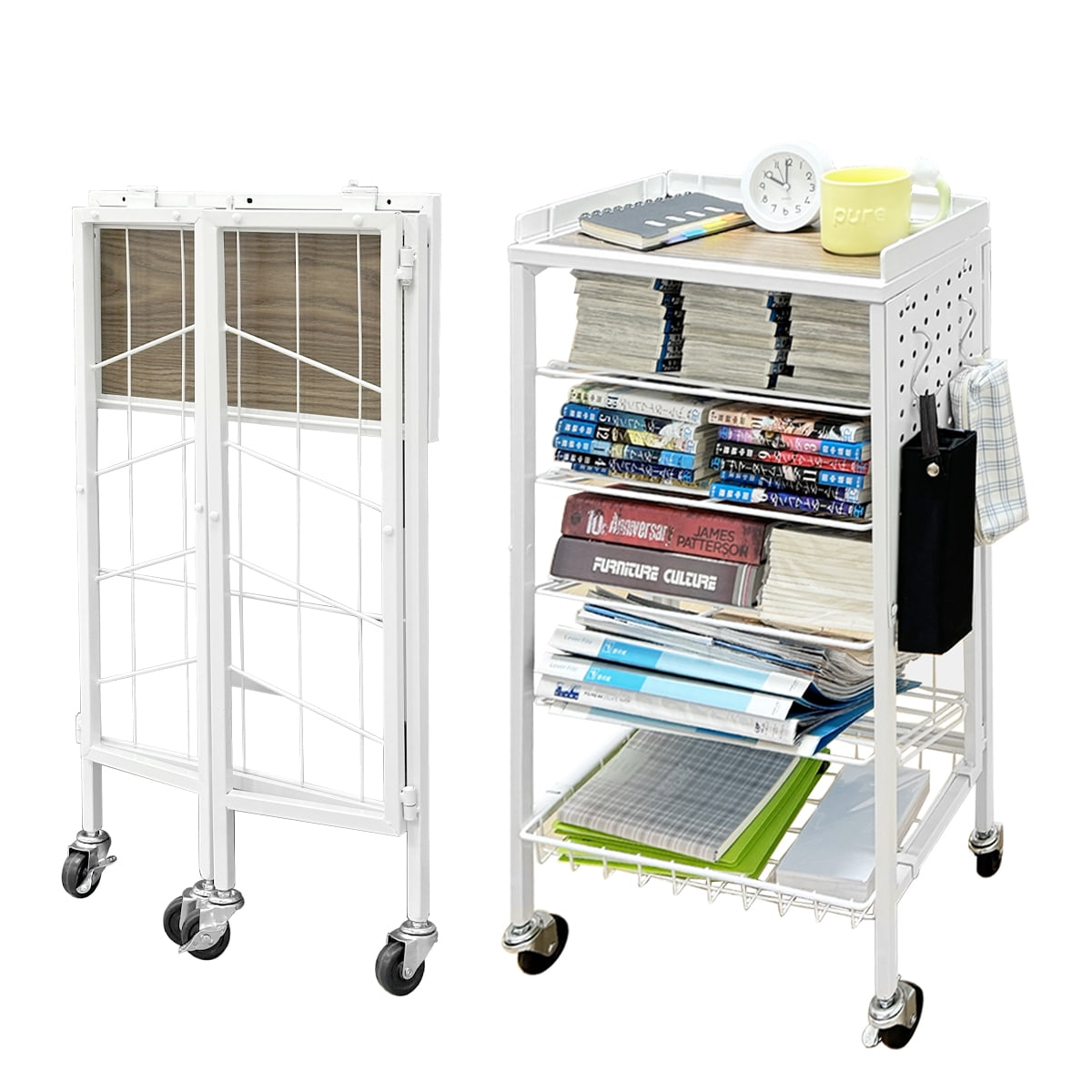 White 6-Tier Foldable Metal Book Cart with Pegboard and Wheels
