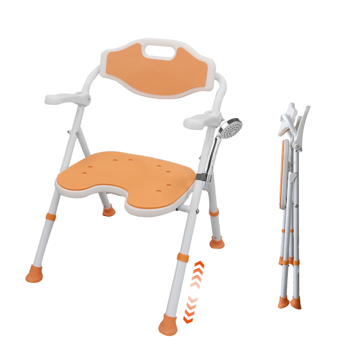 Adjustable Height Orange and White Shower Chair with Armrests