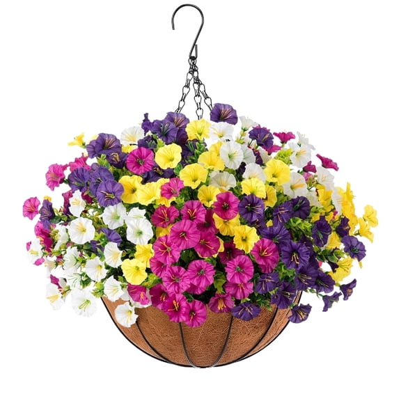 Lumkrypt Artificial Faux Flowers Hanging Basket for Outdoor, 12 Pcs Silk Morning Glory with Eucalyptus,UV & Fade Resistant for Porch Patio Balcony Garden Yard Home Decor