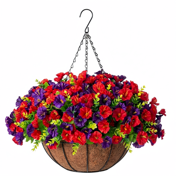 Lumkrypt Outdoor Artificial Flower Hanging Basket, 4 Bunches of Faux Silk Morning Glory, UV & Fade Resistant for Porch Patio Balcony Garden Yard Home Decor