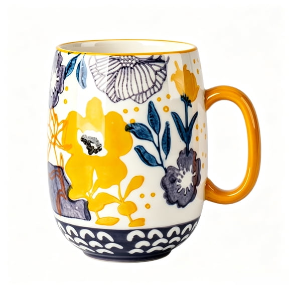 Lumlo Colorful Floral Embossed Ceramic Coffee Mug, Large 24.5 oz Hand Painted Flower Pattern Drinking Cup with Orange Handle, Microwave Oven Dishwasher Safe, Unique Gift for Home Office & Tea Lovers
