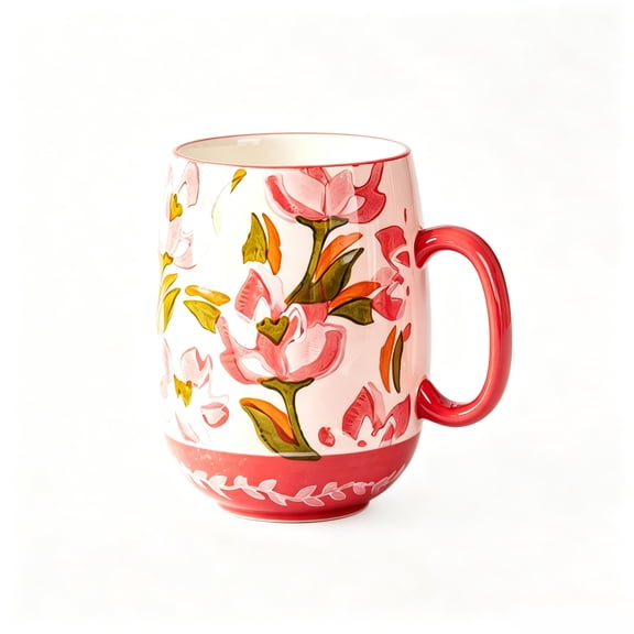 Lumlo Hand Painted Pink Red Floral Ceramic Coffee Mug, Large 24.5oz Botanical Flower Pattern Drinking Cup with Red Handle