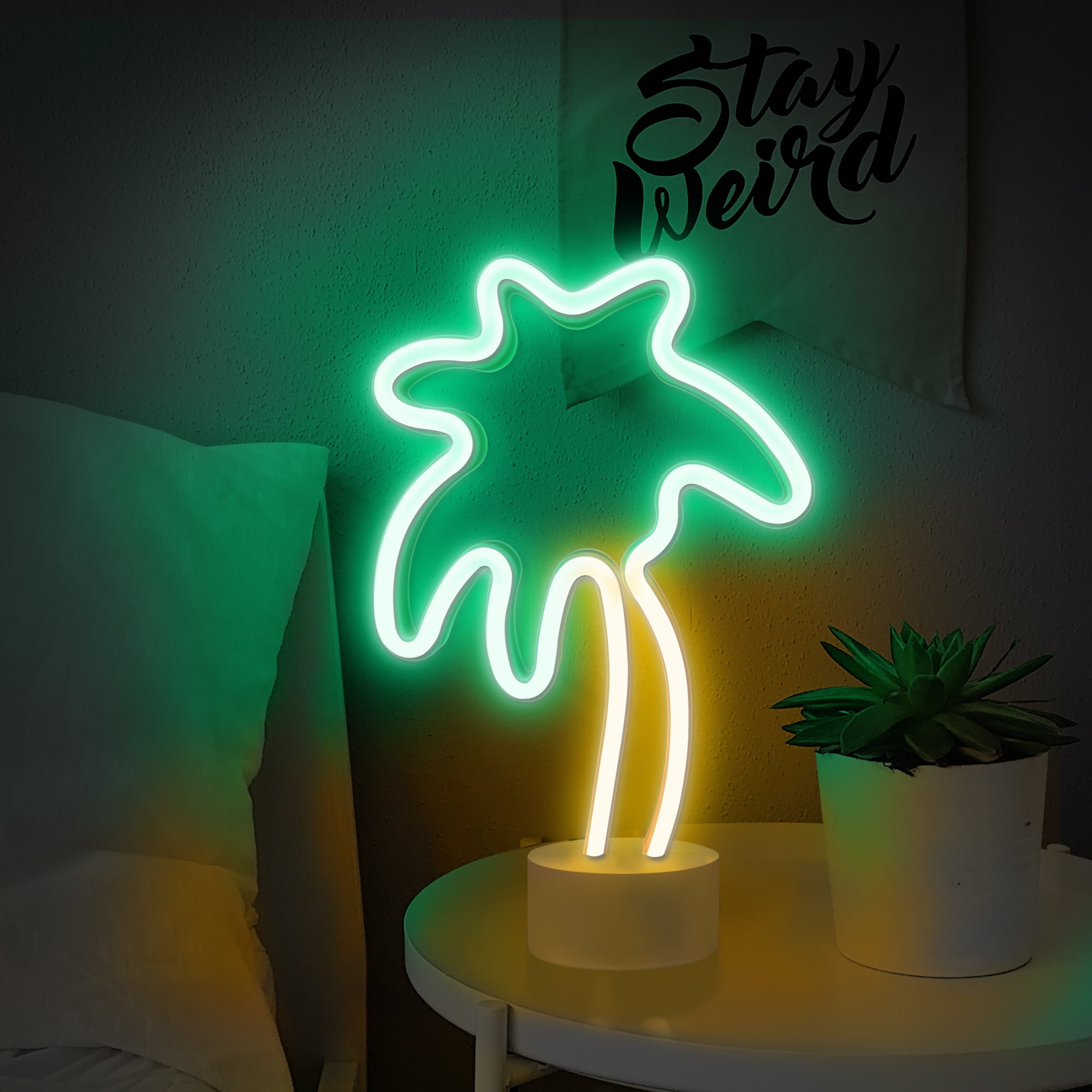 Lumoonosity Palm Tree Lights Neon Signs - Coconut Tree Neon Light for Bedroom, Desktop, Tabletop Decor - Battery/USB Powered Led Palm Tree Light - Palm Tree Lamp with Stand- Green&Yellow Led Sign