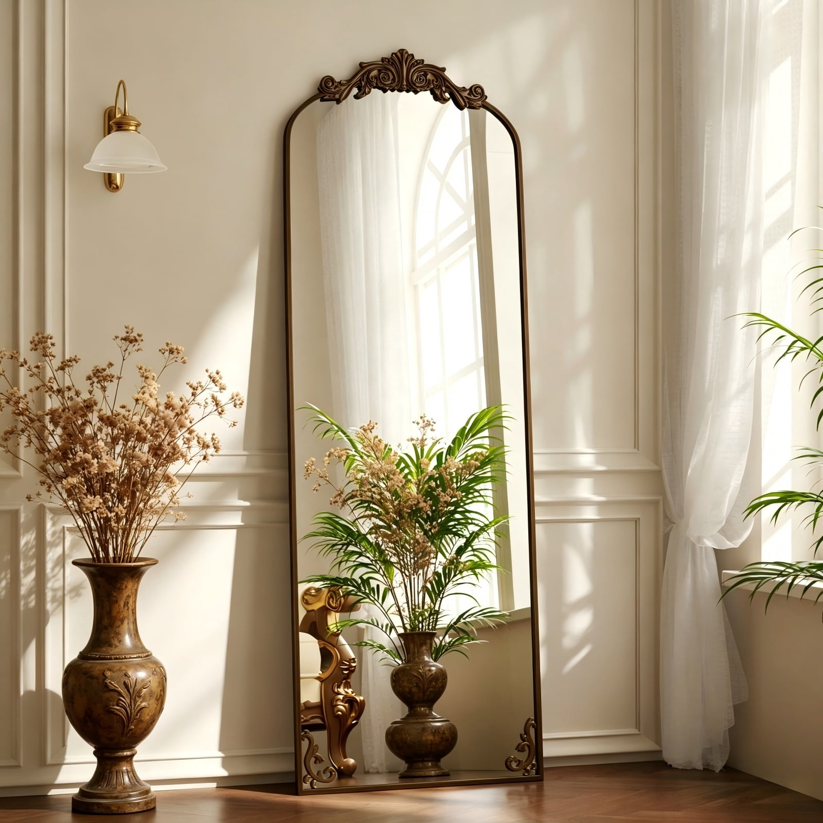 Puremirror 21"x66" Vintage Arched Full Length Mirror Antique Carved Floor Mirror, Bronze