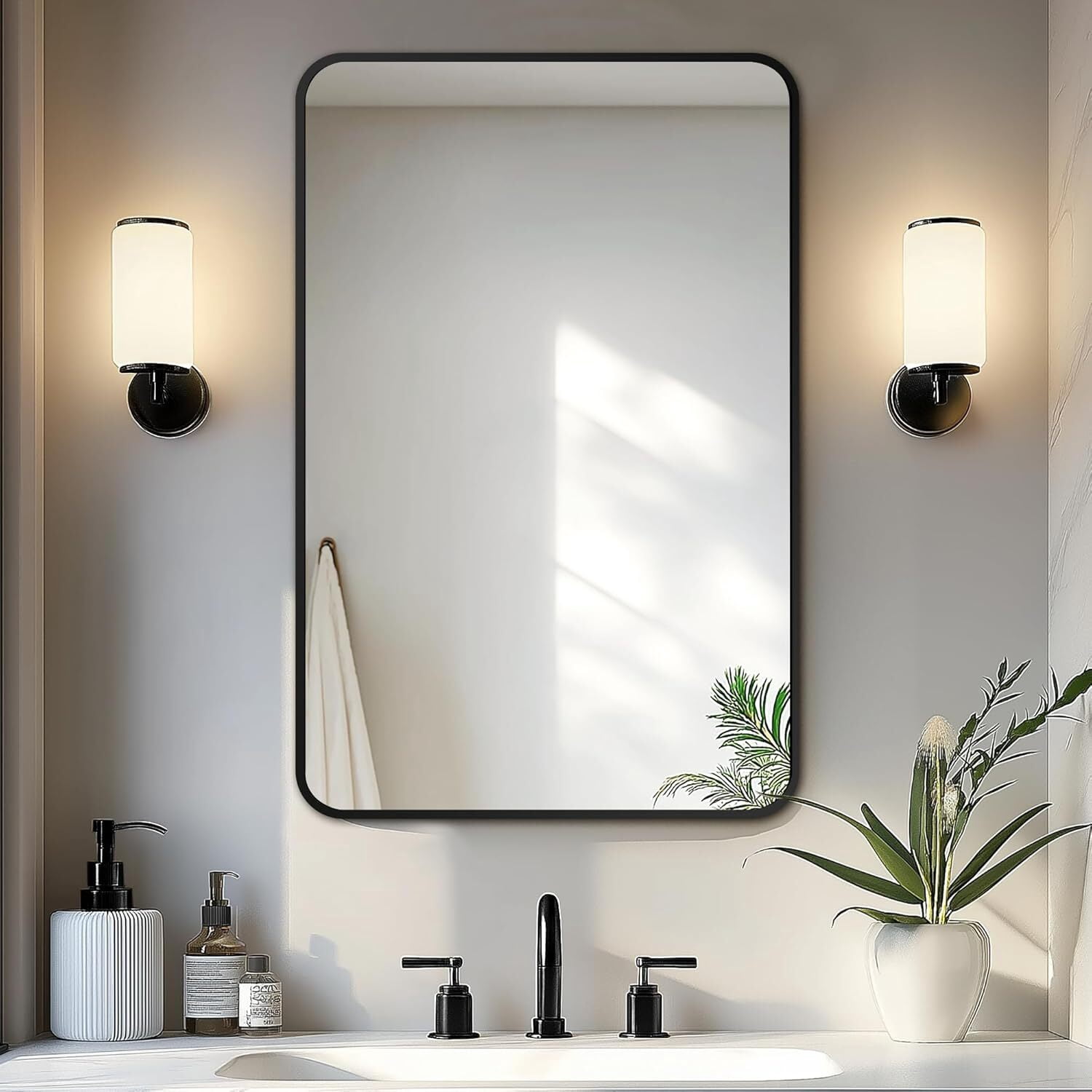 Anyrose 24.1"x36" Bathroom Mirror for Wall Rounded Corner Wall Mounted Hanging Mirror, Black