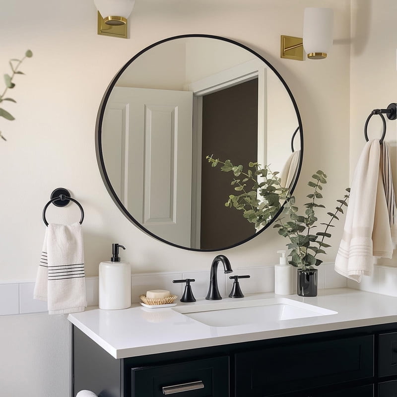 Lumora 24.2"x24.2" Round Bathroom Mirror Wall Mirror, Metal Frame Circle Mirror Black