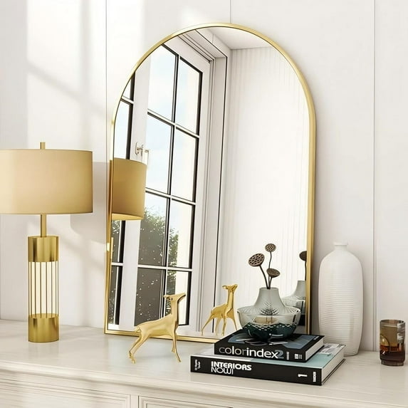 Lumora 24.5" x 16" Arched Bathroom Mirror Wall Mirror Leaning or Wall Mounted, Gold