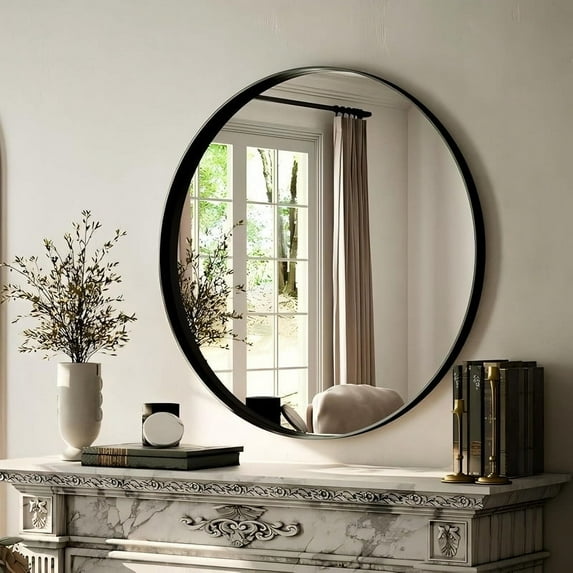 Lumora 24" Bathroom Mirror Round Vanity Mirror With Aluminum Alloy Deep Frame, Black