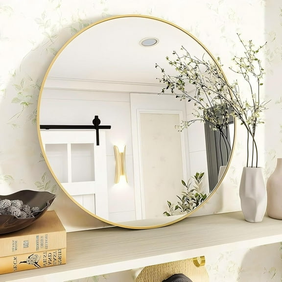 Lumora 24" Round Bathroom Mirror Modern Circle Mirror Hanging or Wall Mounted, Gold