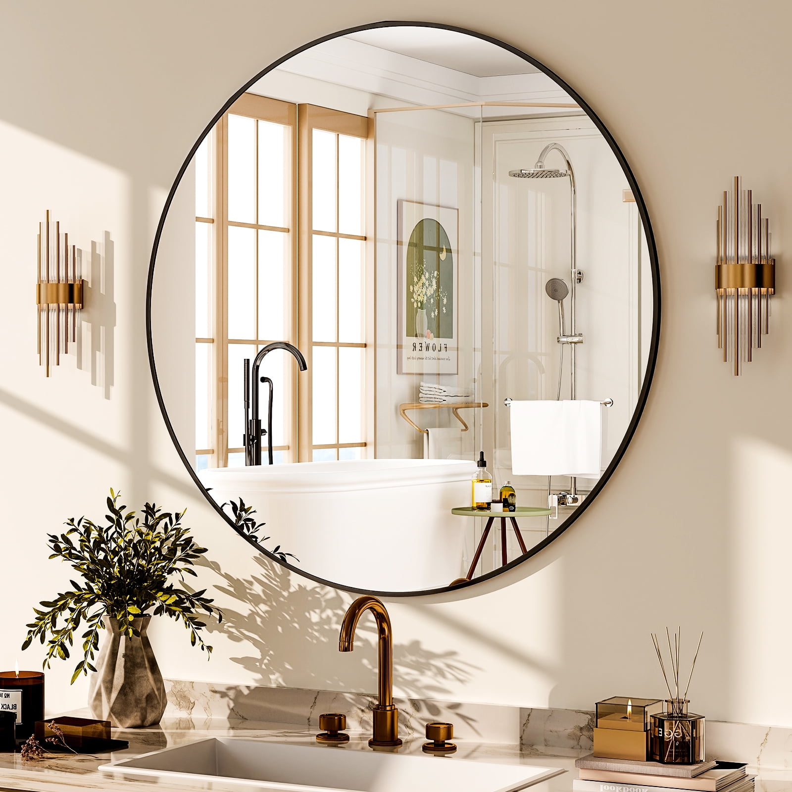 Lumora 24" Round Bathroom Mirror Wall Mirror Metal Frame Circle Mirror, Black