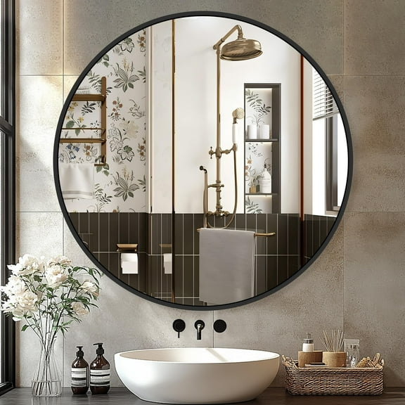 Lumora 24"x24" Round Wall Bathroom Mirror Wall-mounted Mirror with Aluminum Frame,Black