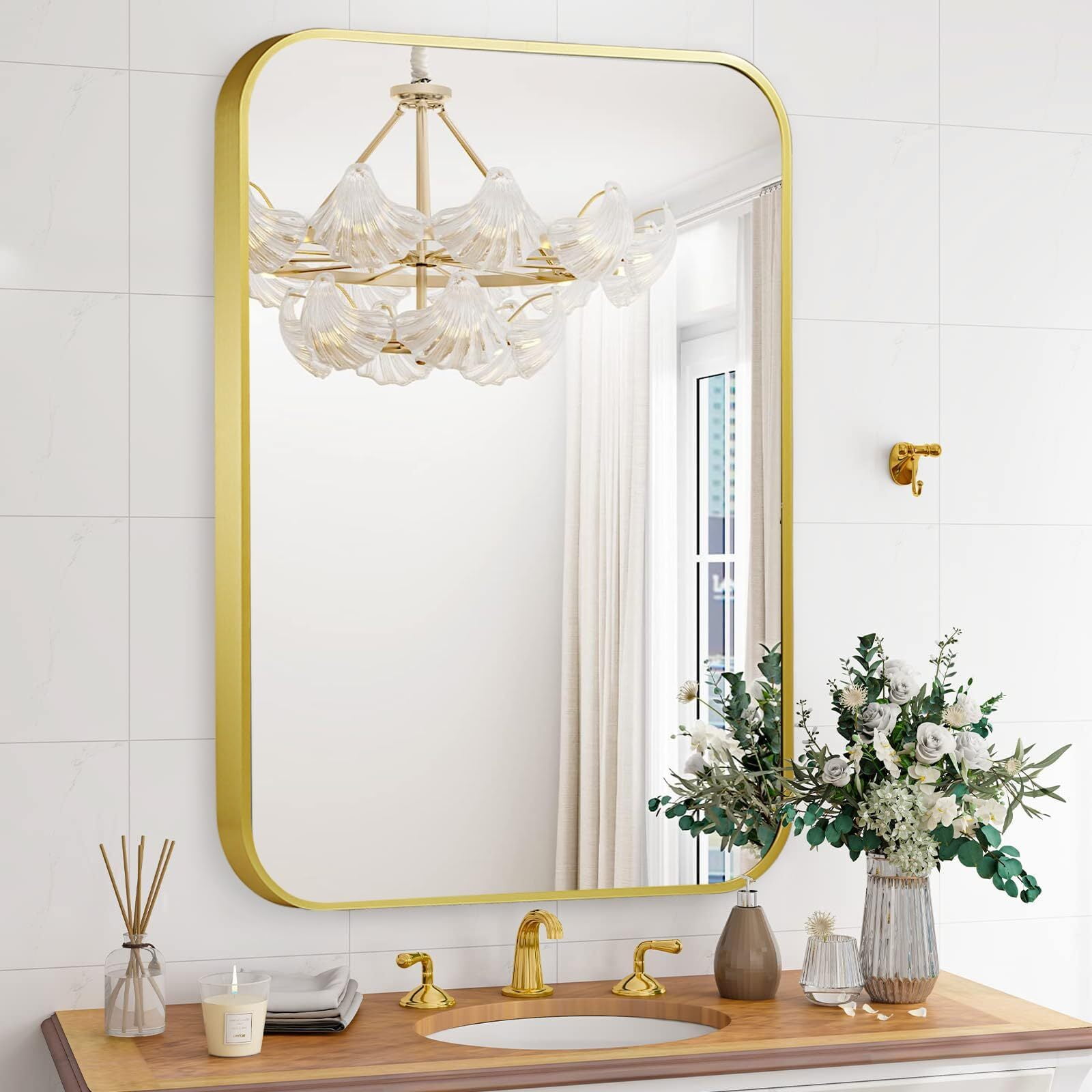 Anyrose 24"x36" Rectangle Bathroom Mirror with Rounded Corner Wall-mounted Mirror,Gold