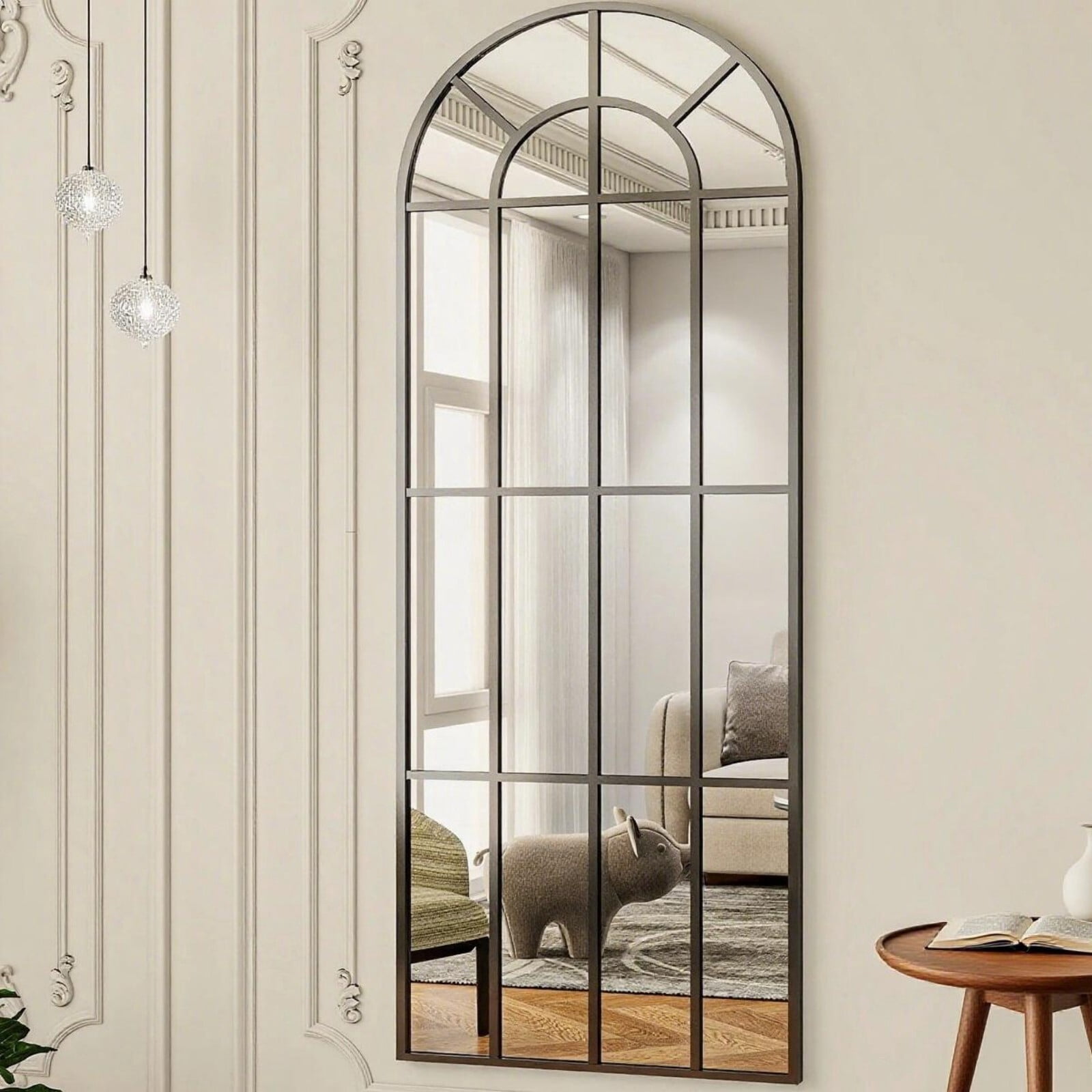 Lumora 25"x69" Windowpane Full Length Arched Floor Mirror, Black