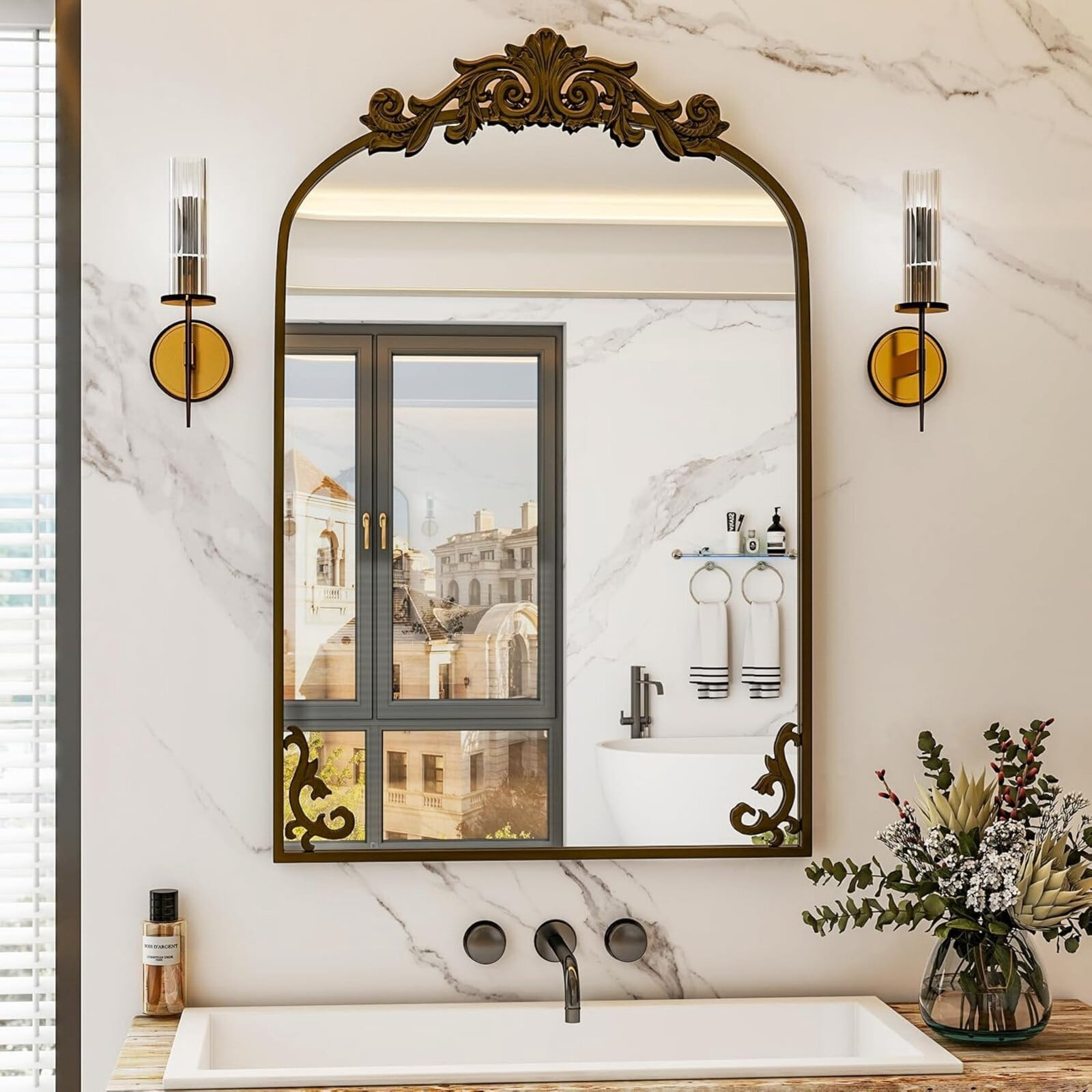 Lumora 26"x38" Arched Vintage Carved Bathroom Wall Mirror, Antique Bronze