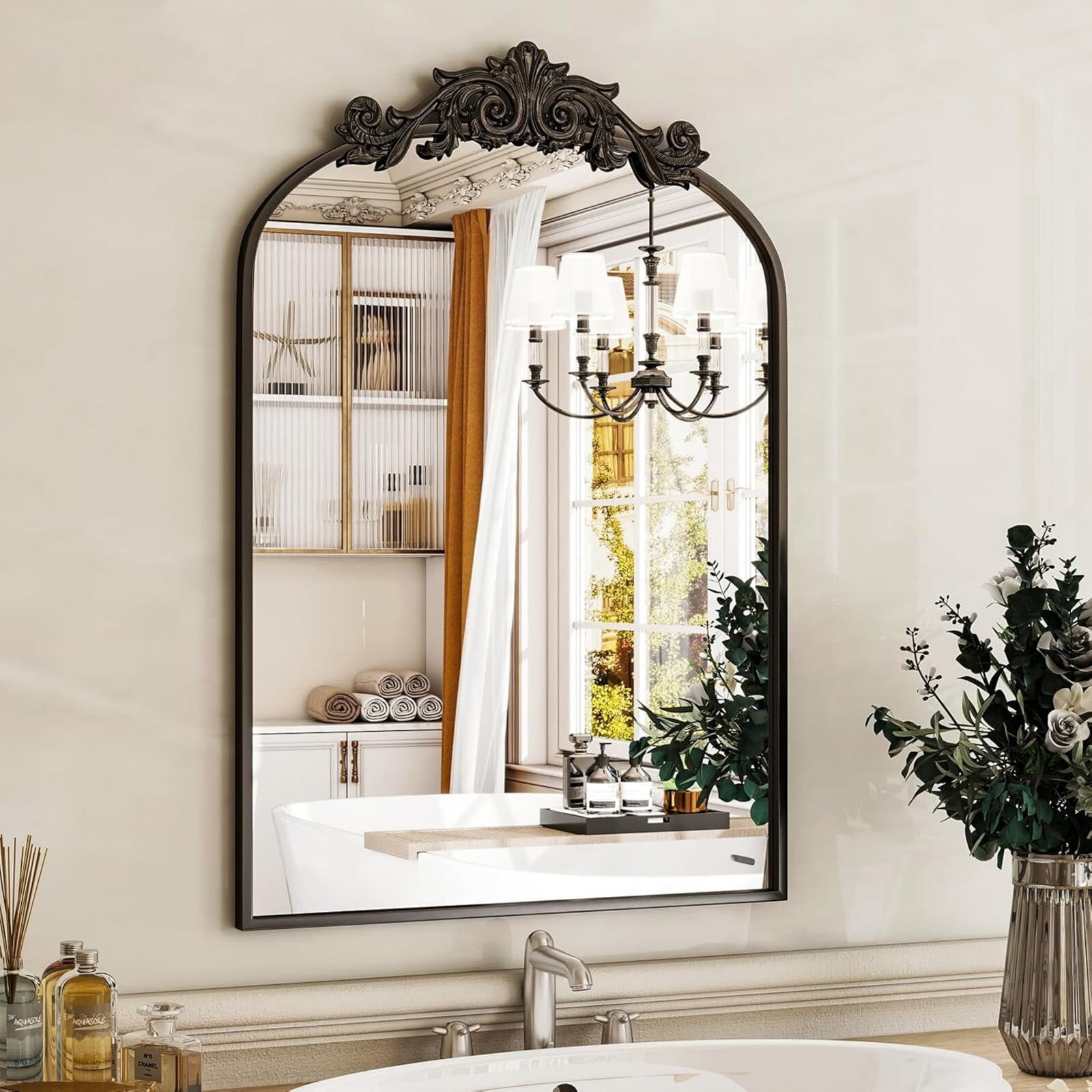 Lumora 26"x38" Arched Vintage Wall Bathroom Mirror, Black