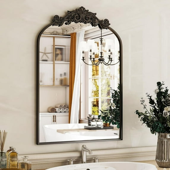 Lumora 26"x38" Arched Vintage Wall Bathroom Mirror, Black