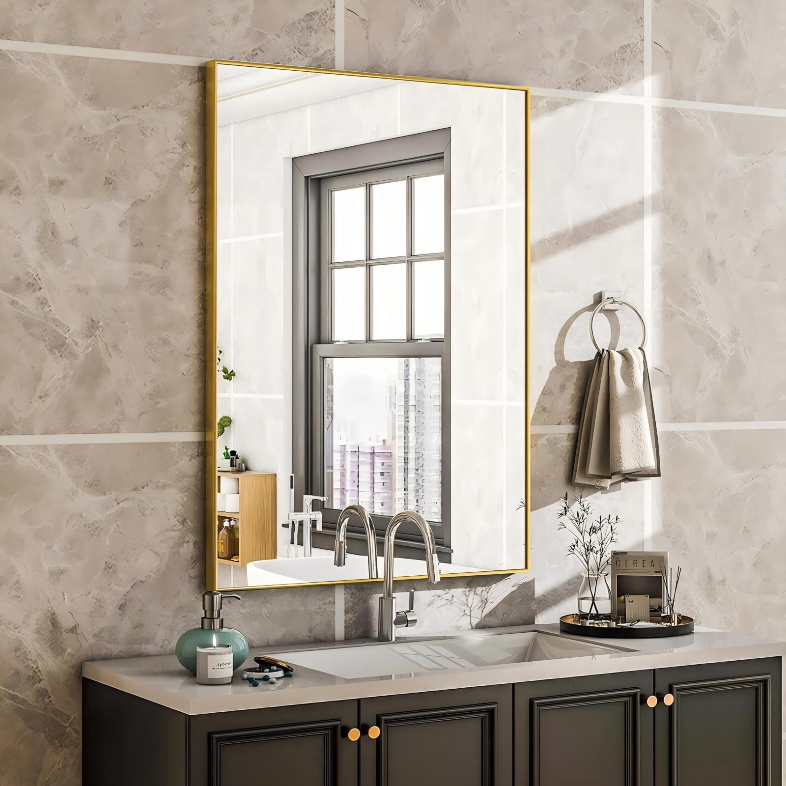 Lumora 28"x 20.3" Rectangular Bathroom Mirror with Aluminium Alloy Frame Wall mirror, Gold