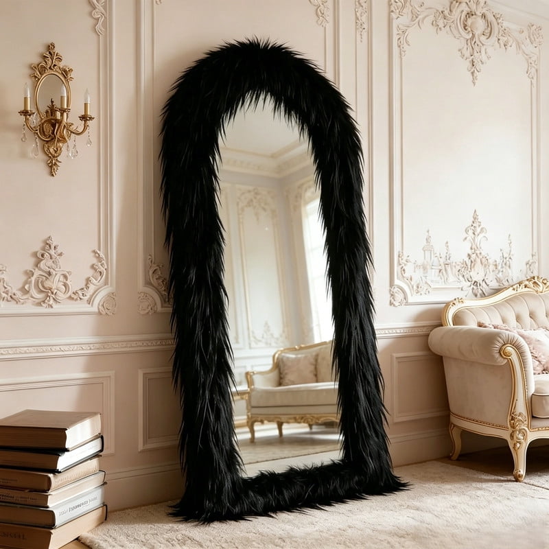 Lumora 32"x 71" Arched Full Length Mirror Large Free Standing Mirror with Fluffy Framed, Black