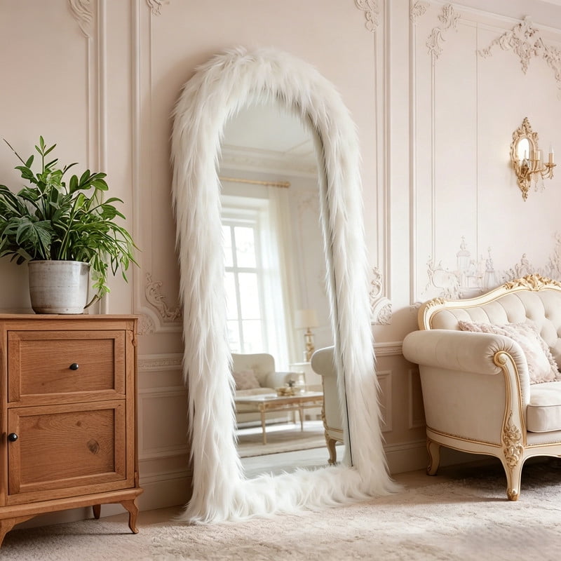 Lumora 32"x 71" Arched Full Length Mirror Large Free Standing Mirror with Fluffy Framed, White