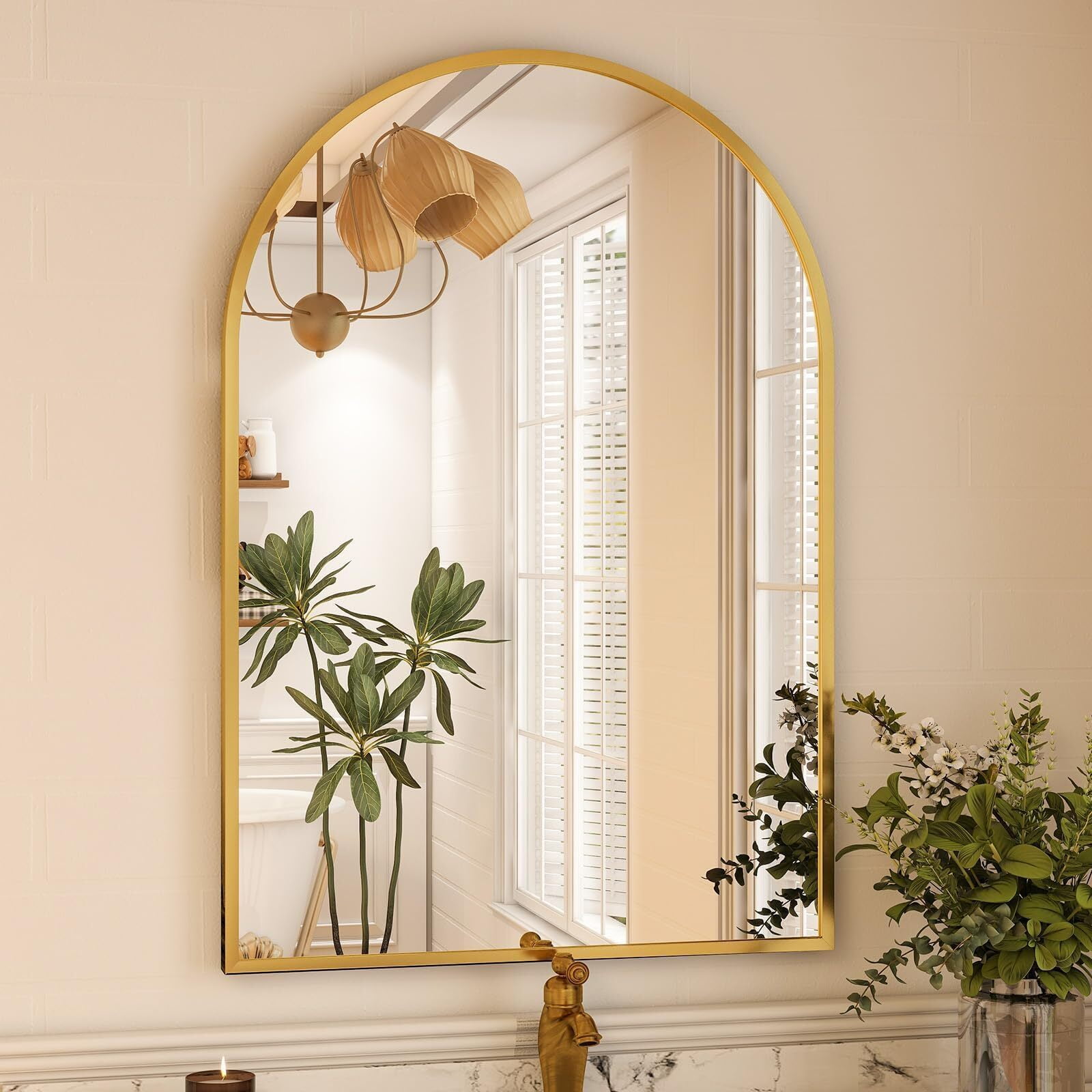 Lumora 32"x48" Arched Wall Bathroom Mirror Wall-mounted Mirror with Aluminum Frame,Gold
