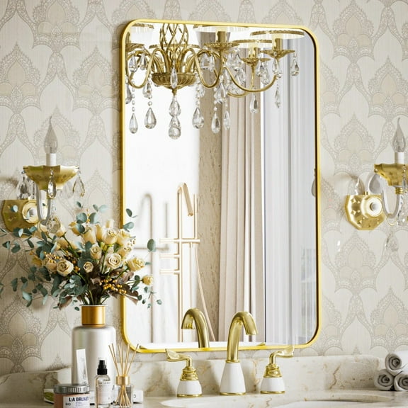 Lumora 36.2"x24" Rectangle Rounded Corner Wall Mirror Wall-mounted Bathroom Mirror,Gold