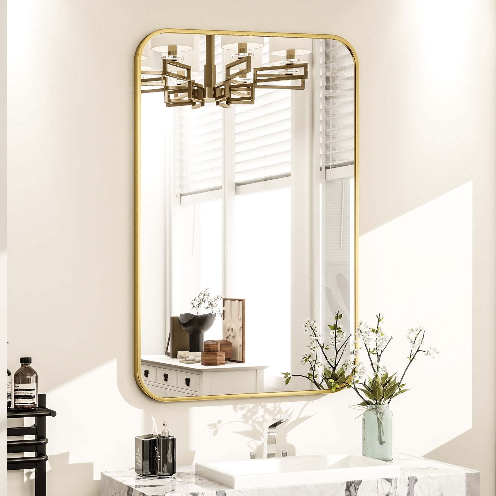 Lumora 36"x24" Rectangular Bathroom Mirror with Round Edge Wall Mounted Wall Mirror, Gold